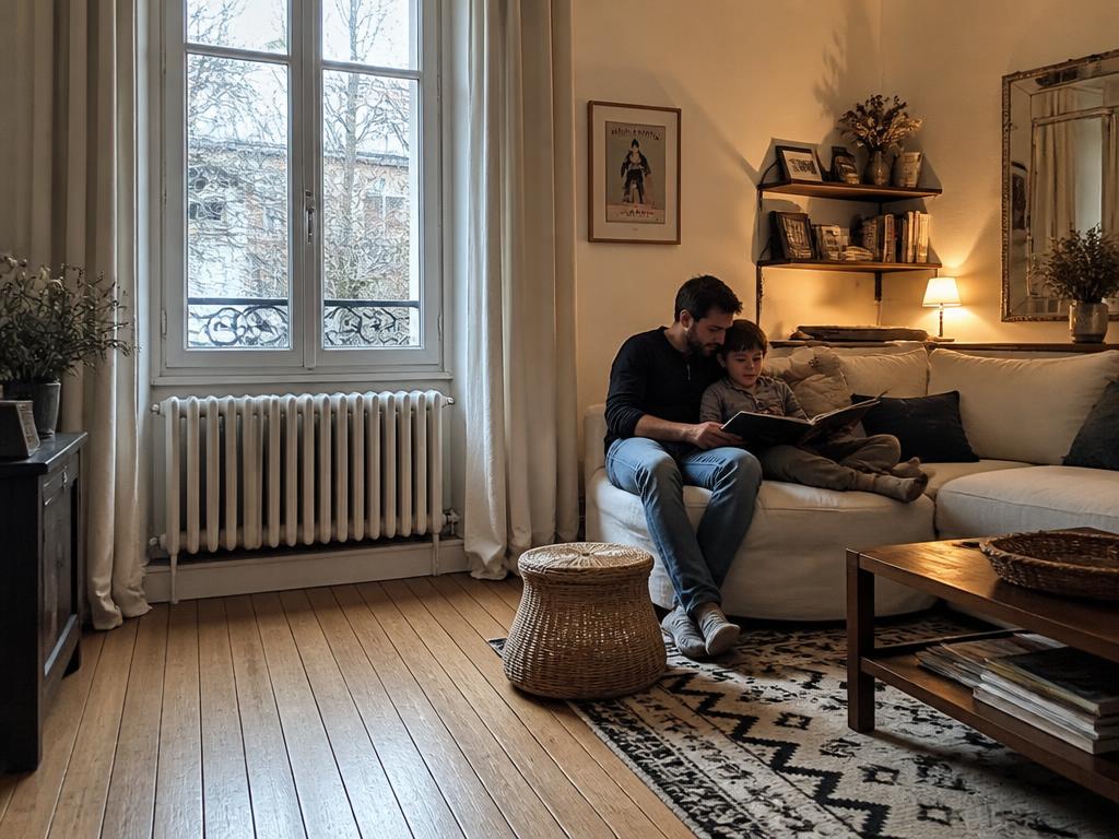 Salon d'une maison individuelle chauffé par des radiateurs en hiver