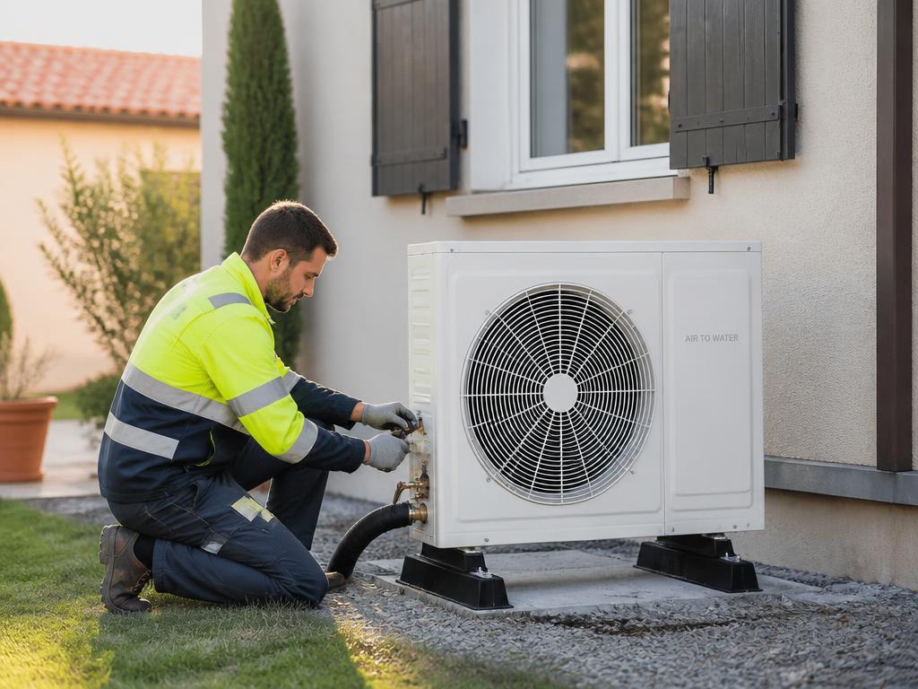Technicien installant une pompe à chaleur air/eau devant une maison individuelle